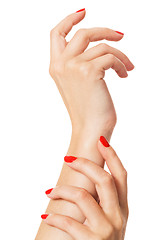 Image showing Woman with beautiful manicured red fingernails