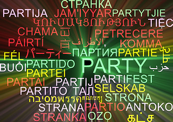 Image showing Party multilanguage wordcloud background concept glowing