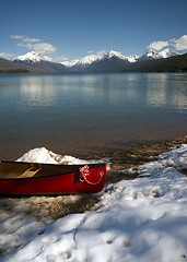 Image showing Red Canoe Fresh Snow Lake McDonald Glacier National Park Montana