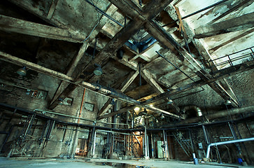 Image showing Old creepy, dark, decaying, destructive, dirty factory