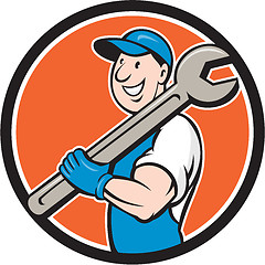Image showing Mechanic Smiling Spanner Standing Circle Cartoon