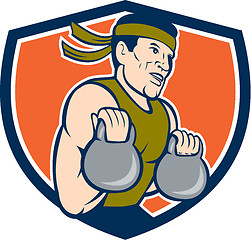 Image showing Strongman Lifting Kettlebell Crest Cartoon