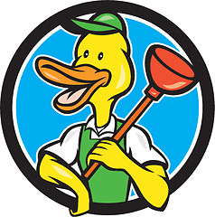 Image showing Duck Plumber Holding Plunger Circle Cartoon