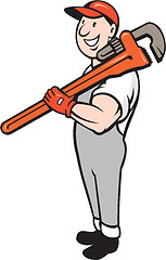 Image showing Plumber Smiling Holding Monkey Wrench Isolated