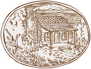 Image showing Log Cabin Farm House Oval Etching