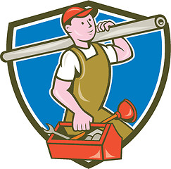 Image showing Plumber Carrying Pipe Toolbox Crest Cartoon