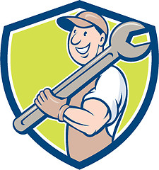 Image showing Mechanic Smiling Spanner Standing Crest Cartoon