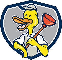 Image showing Duck Plumber Holding Plunger Shield Cartoon