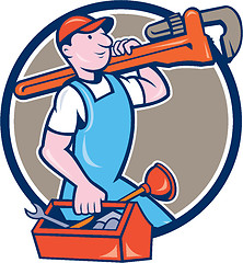 Image showing Plumber Carrying Monkey Wrench Toolbox Circle 