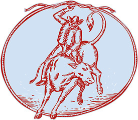 Image showing Rodeo Cowboy Bull Riding Circle Etching