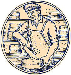 Image showing Cheesemaker Cutting Cheddar Cheese Etching