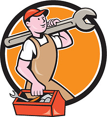 Image showing Mechanic Carrying Spanner Toolbox Circle Cartoon