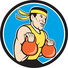 Image showing Strongman Lifting Kettlebell Circle Cartoon