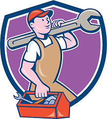 Image showing Mechanic Carrying Spanner Toolbox Crest Cartoon
