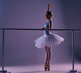 Image showing classic ballerina posing at ballet barre