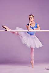 Image showing classic ballerina posing at ballet barre