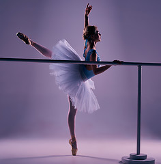 Image showing classic ballerina posing at ballet barre