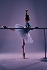 Image showing classic ballerina posing at ballet barre