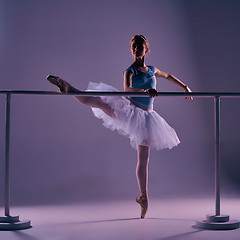 Image showing classic ballerina posing at ballet barre