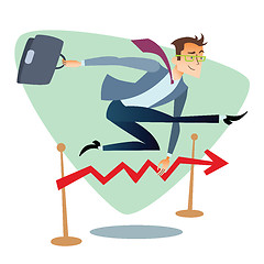 Image showing Businessman running and jumping over barriers schedule of sales 