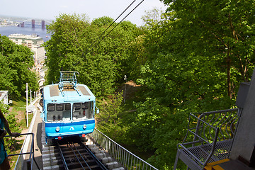 Image showing Cable railway in Kyiv, Ukraine,  climbs up the steep right bank of  Dnieper River.