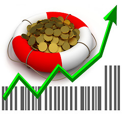 Image showing Coins in lifesaver and business chart