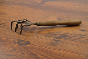 Image showing Hand rake on wood