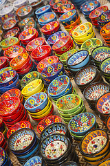 Image showing Hand Painted Turkish Bowls on Table at the Market