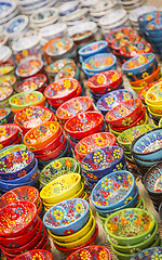 Image showing Hand Painted Turkish Bowls on Table at the Market