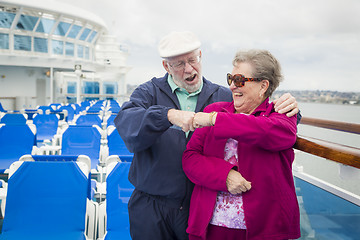 Image showing Senior Couple Fist Bump on Deck of Cruise Ship