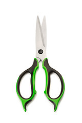 Image showing Steel scissors with rubber grips, green and black.