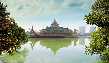 Image showing Replica of a Burmese Royal Barge on Kandawgyi Lake in Myanmar