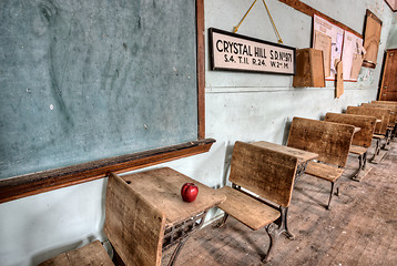 Image showing Abandoned School House red apple