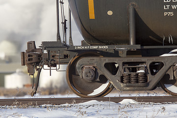 Image showing Close up rail car wheels