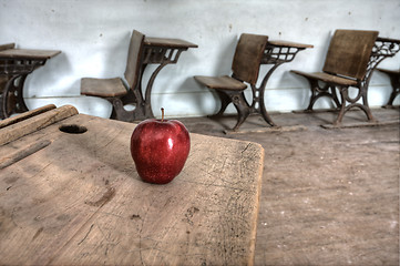 Image showing Abandoned School House red apple