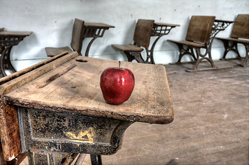 Image showing Abandoned School House red apple