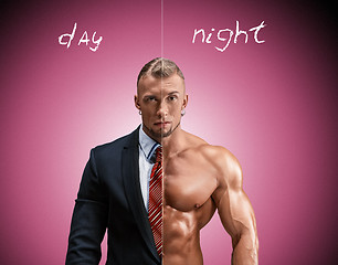 Image showing Attractive man in a business suit and without it on blue-pink background