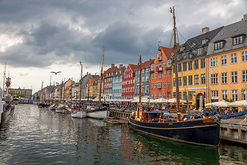 Image showing The boats and ships in the calm hurbour of Nyhavn, Copenhagen, Denmark. Nyhavn  