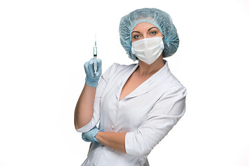 Image showing Portrait of lady surgeon showing syringe over white background