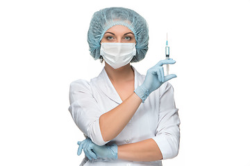 Image showing Portrait of lady surgeon showing syringe over white background