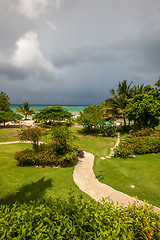 Image showing tropical garden with flowers and road to beach