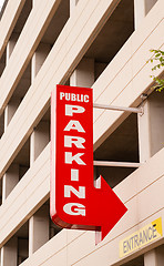 Image showing Downtown Parking Garage Red Arrow Sign Points to Park