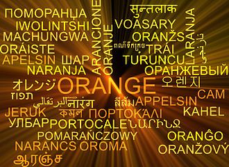 Image showing Orange multilanguage wordcloud background concept glowing