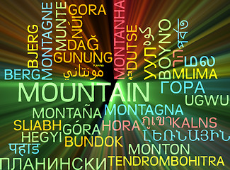 Image showing Mountain multilanguage wordcloud background concept glowing