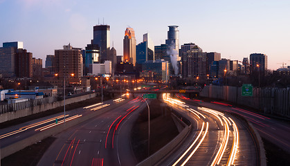 Image showing Rush Hour Traffic Elevated Freeway Sunrise Minneapolis Minnesota