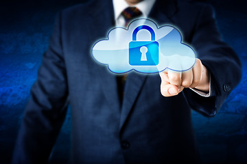 Image showing Business Man In Suit Touching Locked Cloud Icon