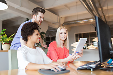 Image showing happy creative team with computer in office