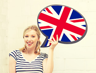 Image showing smiling woman with text bubble of british flag