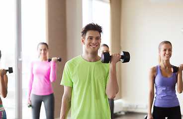 Image showing group of smiling people working out with dumbbells