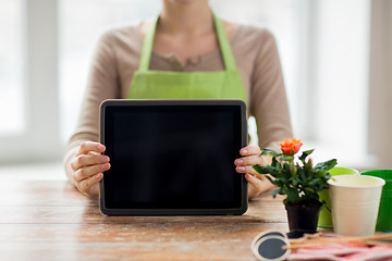 Image showing close up of woman or gardener with tablet pc